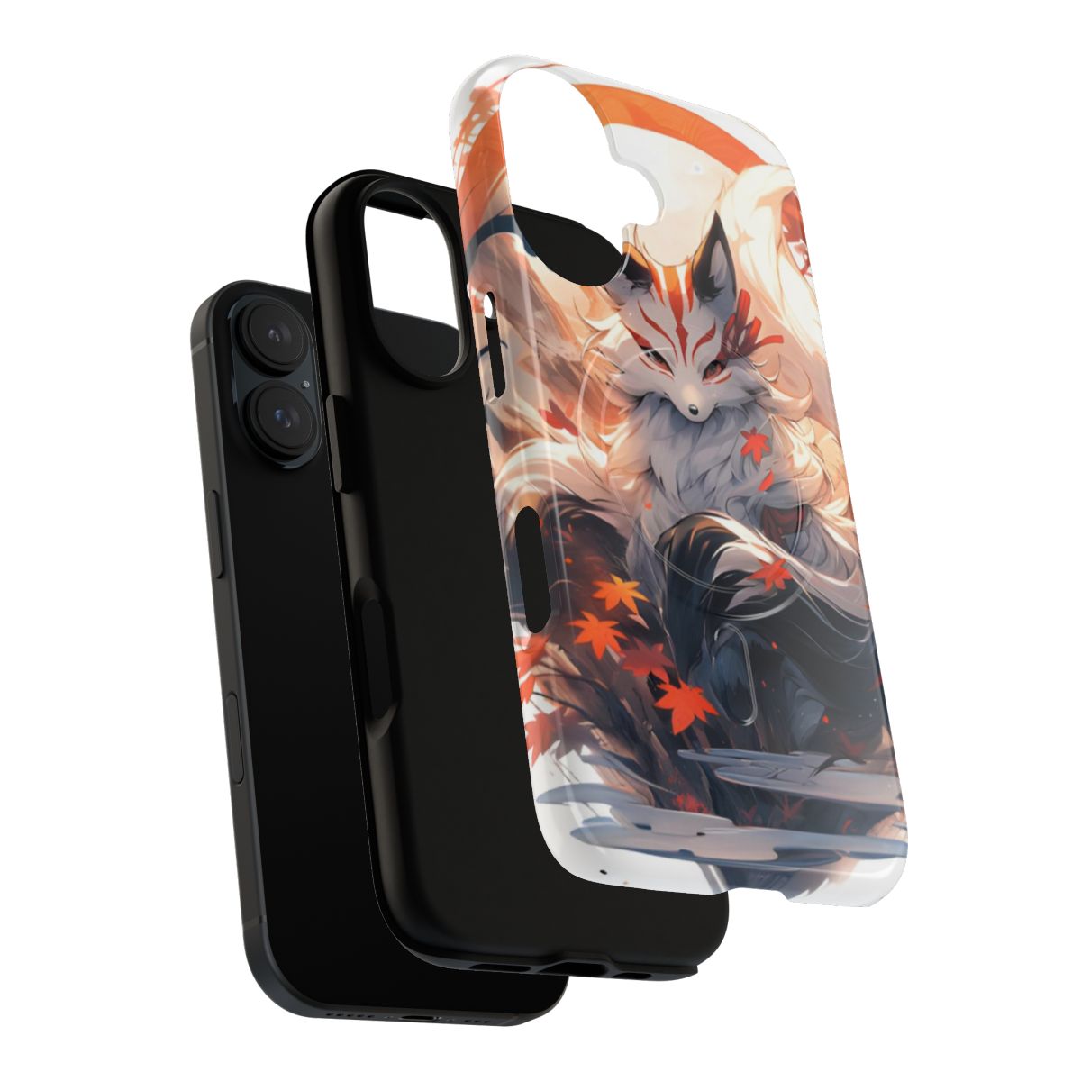 Detailed illustration of a mythical Japanese kitsune fox spirit on a phone case. - Layers