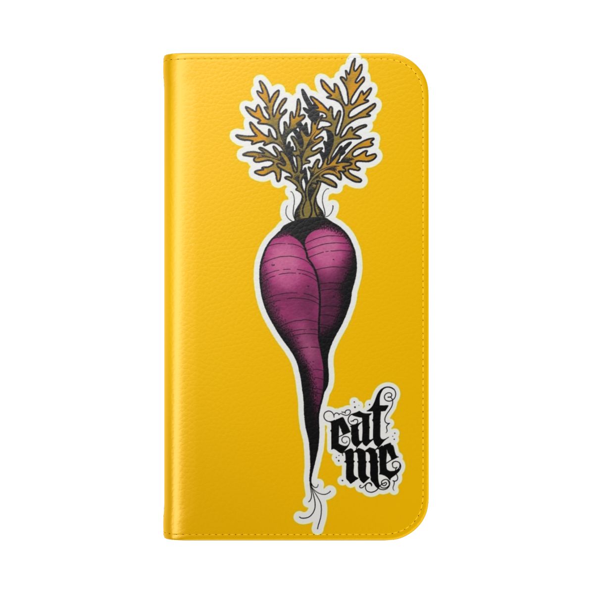 Purple carrot phone case with a playful "eat me" design - Folded Back