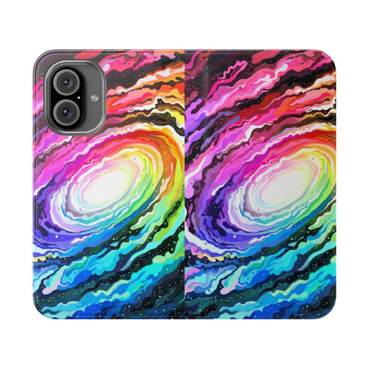 Andromeda flip cover phone case with a vibrant, space-themed design featuring galaxies, stars, and planets.