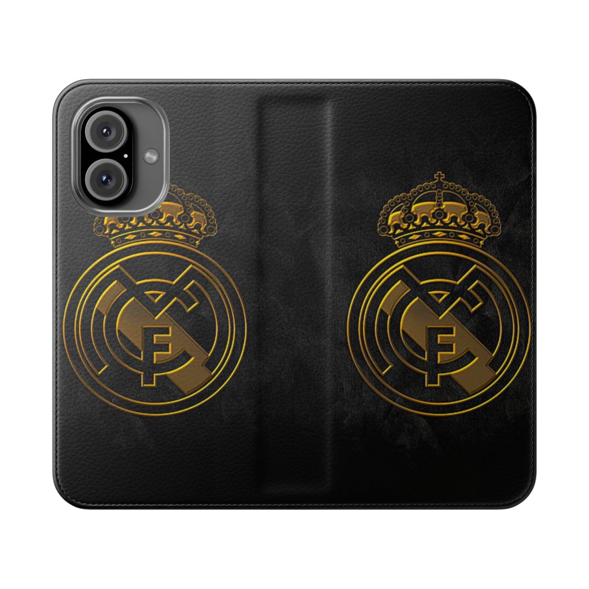 Closeup of a stylish phone case with the Real Madrid logo and colors.