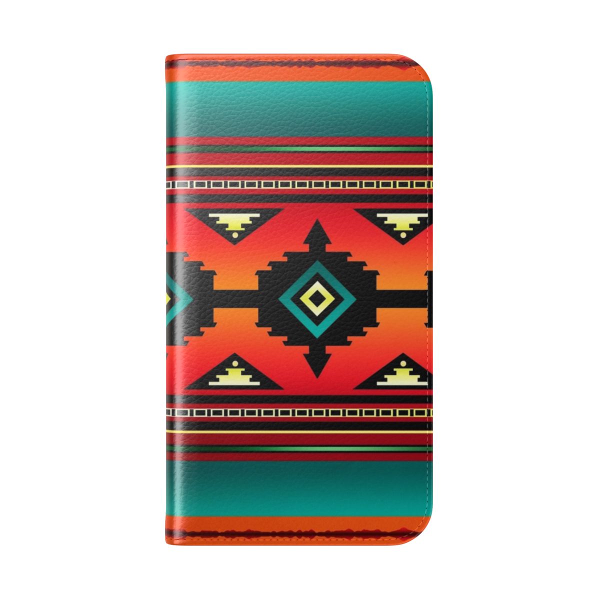 Teal and vibrant Navajo-inspired phone case with intricate geometric patterns and a canyon landscape design - Folded Back