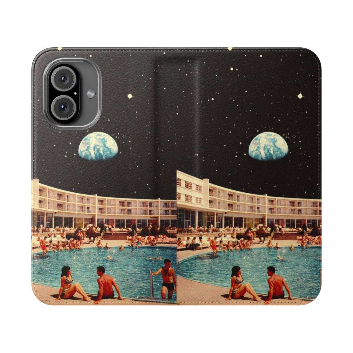 Retro-futuristic collage design featuring a vintage-style holiday resort with a pool, moon, and stars on a flip cover phone case.