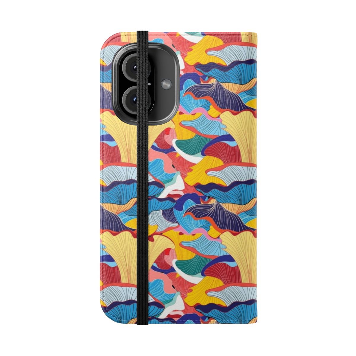 A colorful and creative phone case featuring a whimsical pattern of mushrooms in various shapes, sizes, and shades of red, orange, and brown. - Folded Front