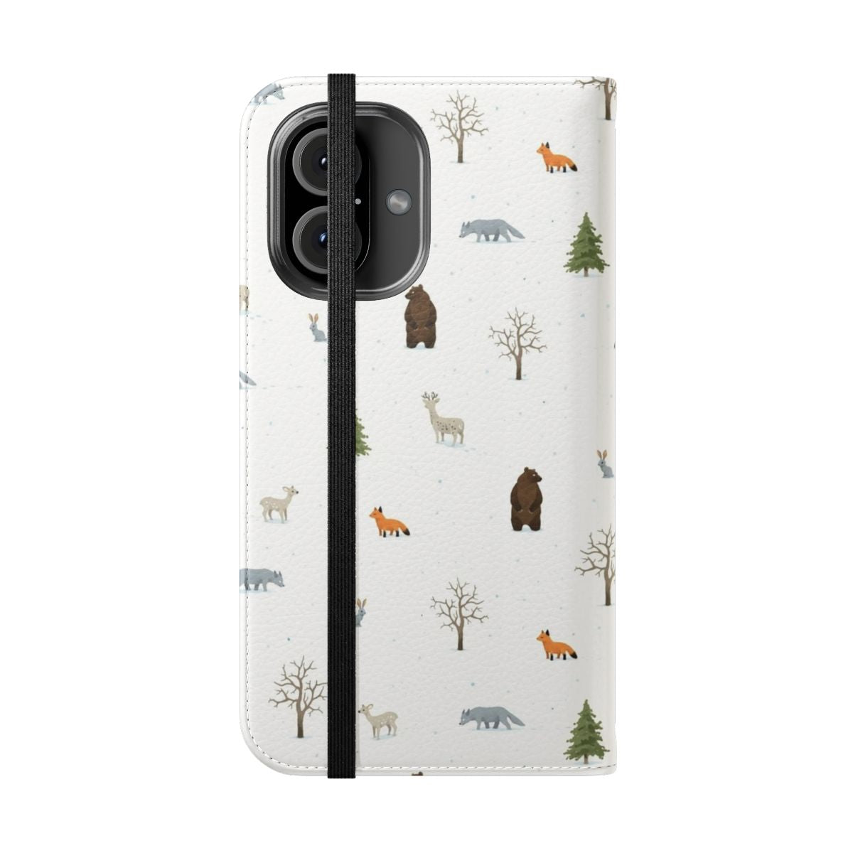 A winter-themed phone case featuring a pattern of forest animals like foxes, bears, wolves, deer, and rabbits in a snowy woodland setting. - Folded Front