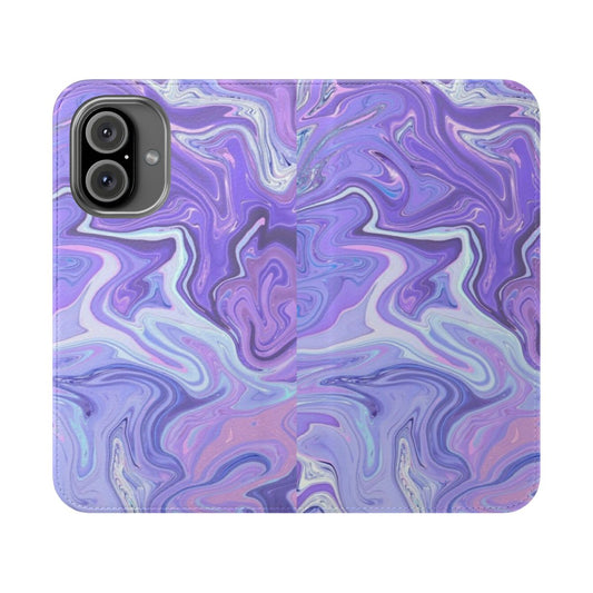 Holographic pastel purple and white marble phone case with a flip cover design.