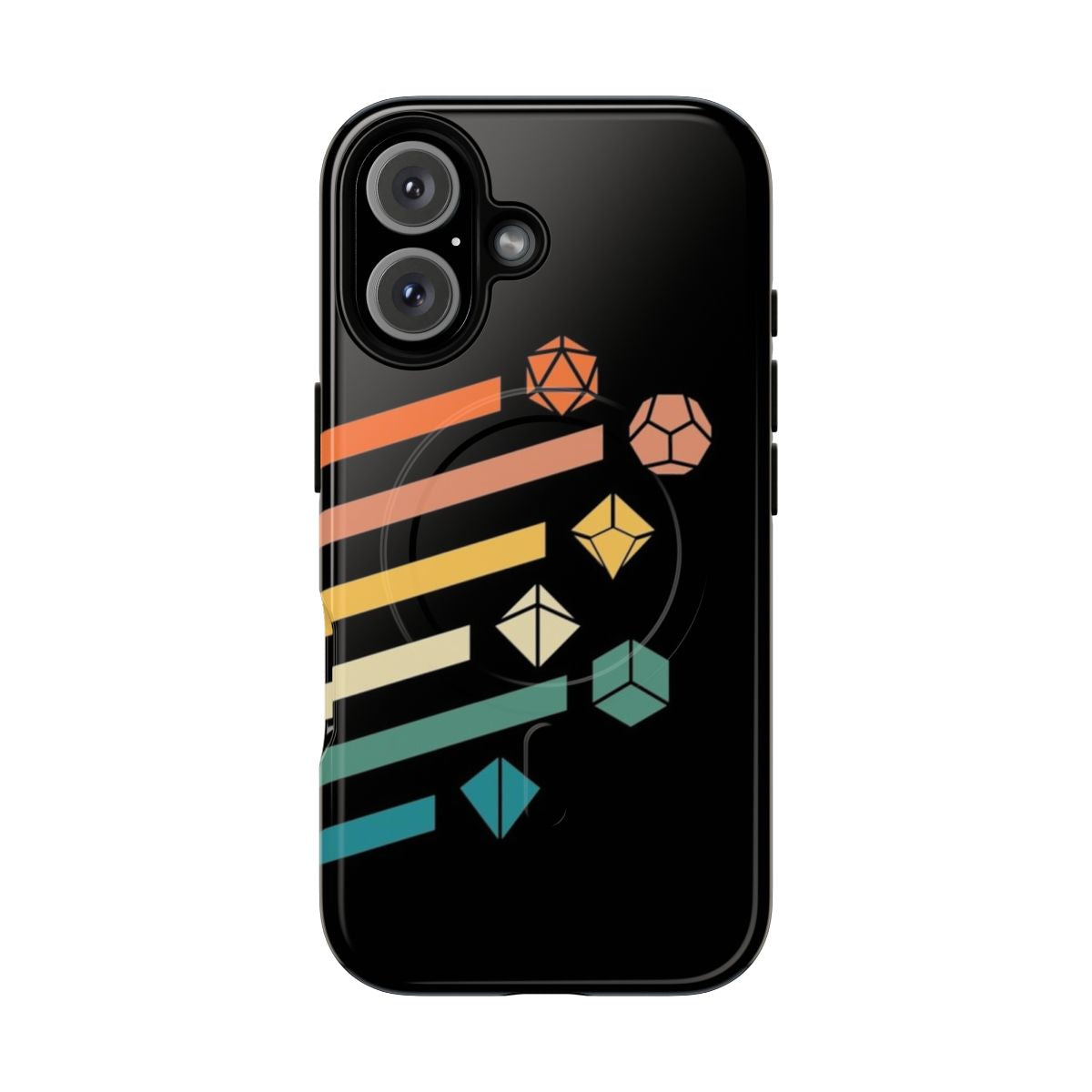 Retro polyhedral dice printed on a tough, magnetic phone case