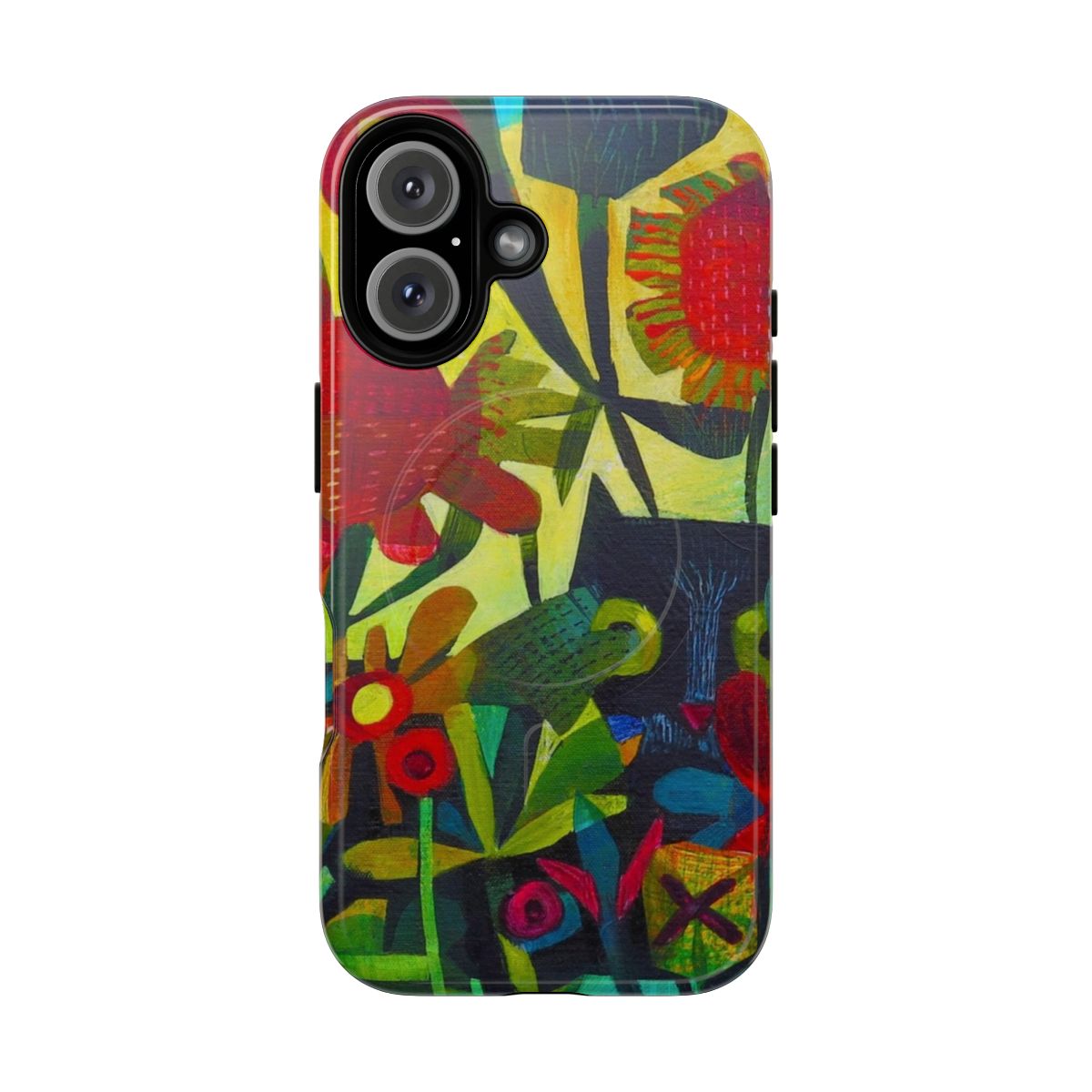 Colorful magnetic tough phone case featuring a vibrant garden scene with a cat