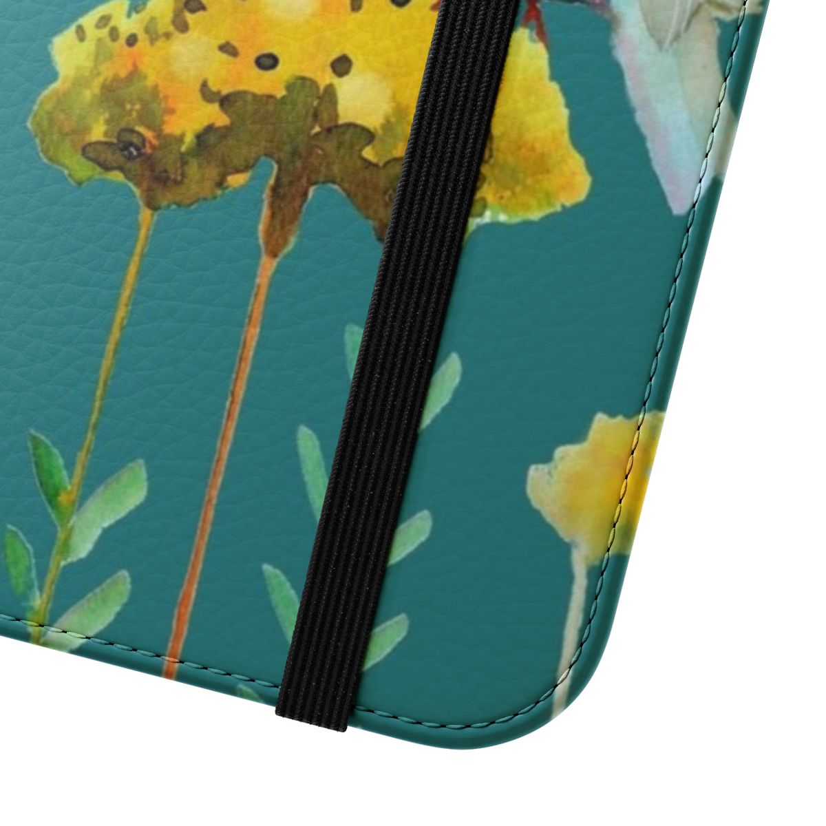 Colorful nature-themed flip cover phone case with bird, flower, and leaf designs - Close Up