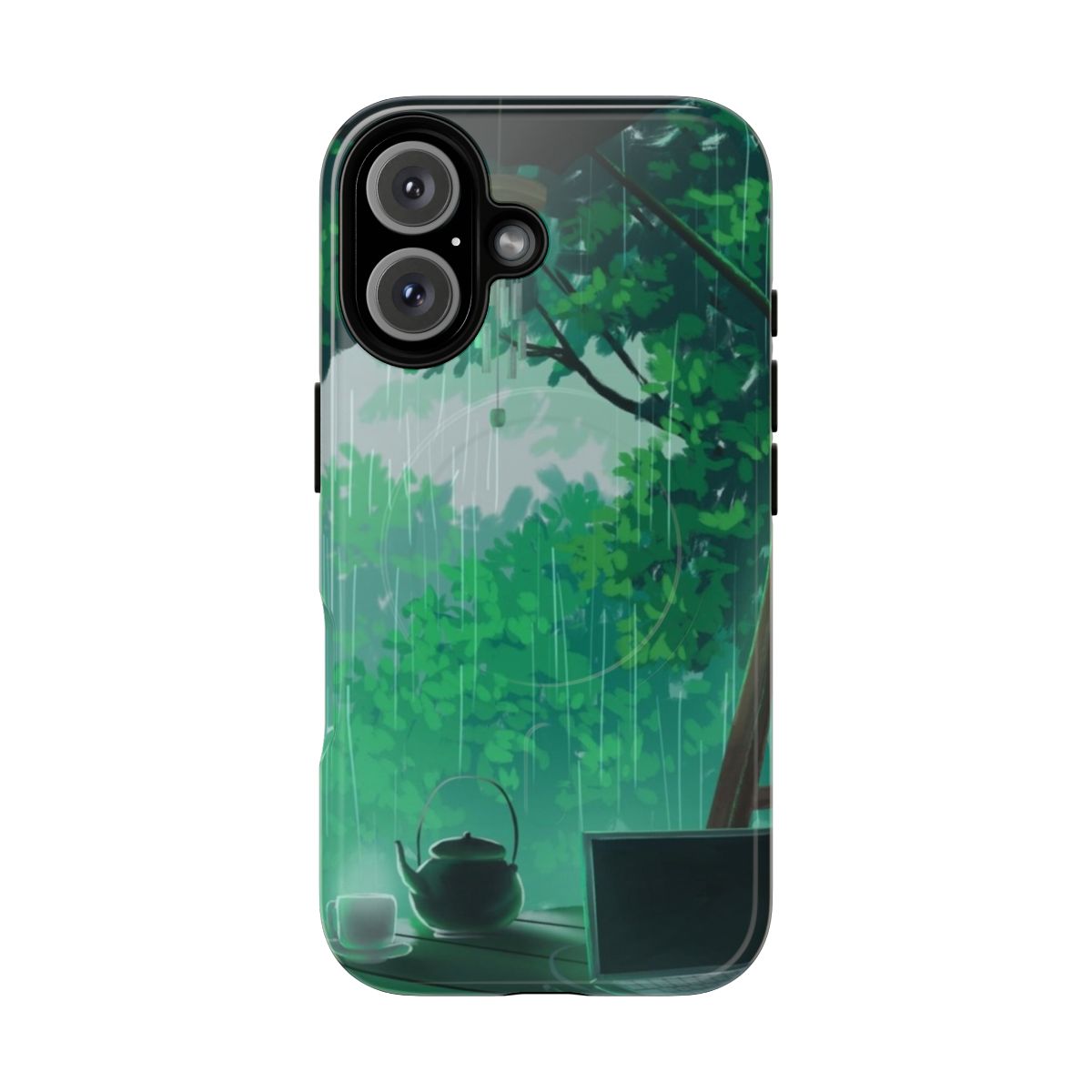 A scenic image of a peaceful forest landscape with a rainy storm in the background, featuring a magnetic tough phone case.