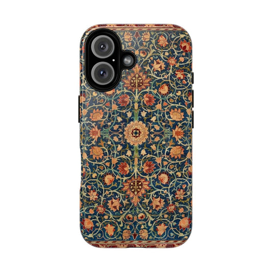 Vintage floral pattern phone case with antique rug print design inspired by William Morris