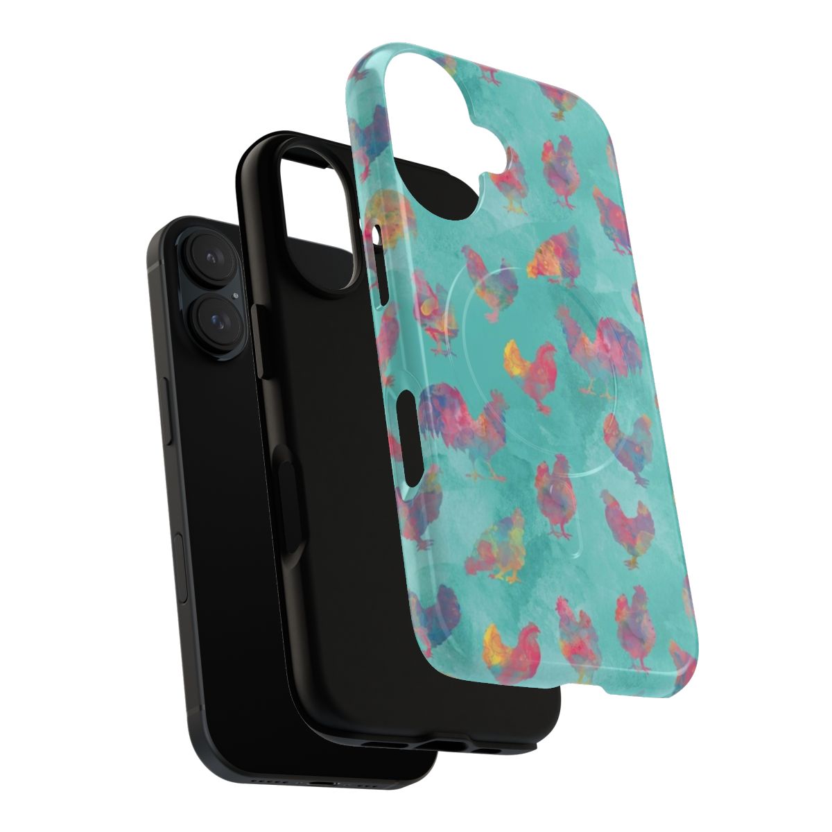 Colorful watercolor illustration of chickens on a protective phone case - Layers