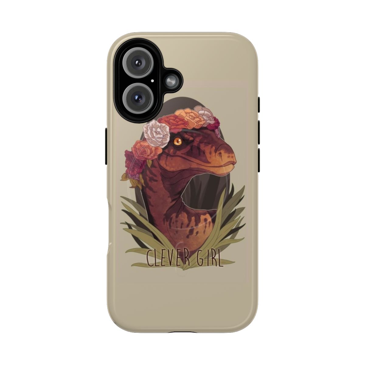 A closeup of a Clever Girl-inspired dinosaur-themed phone case with a flower crown design.