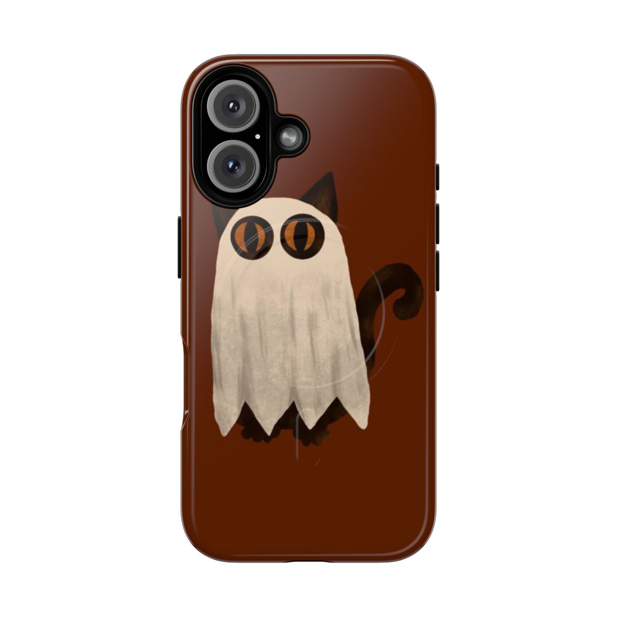 Magnetic tough phone case featuring a ghostly tortoiseshell cat design