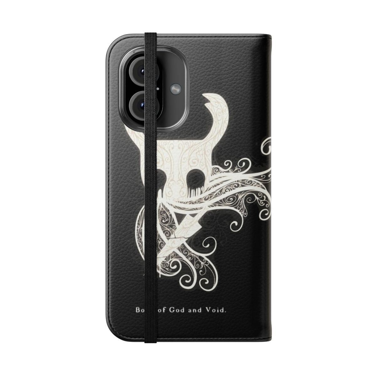 Hollow Knight-inspired flip cover phone case featuring the Knight character in black and white - Folded Front