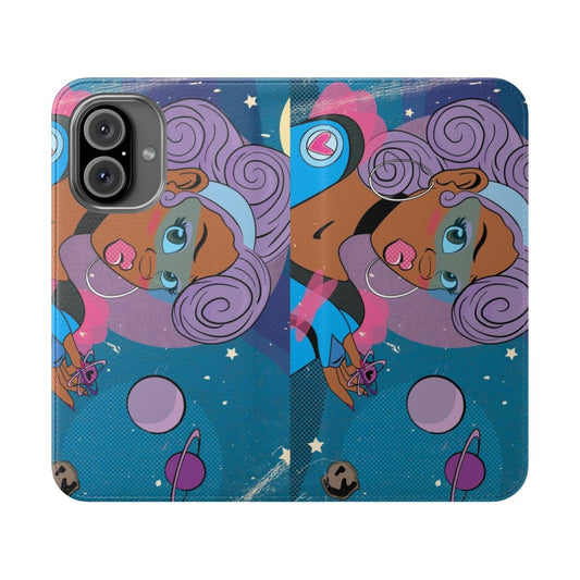 Stylish black girl galaxy-themed phone case with purple hair, moon, and astronaut design