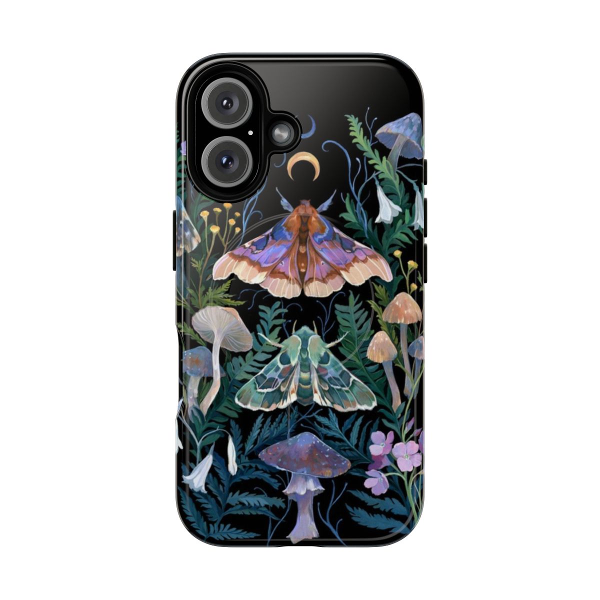 Artistic phone case featuring a sphinx moth and mushrooms in a botanical, moonlit design.