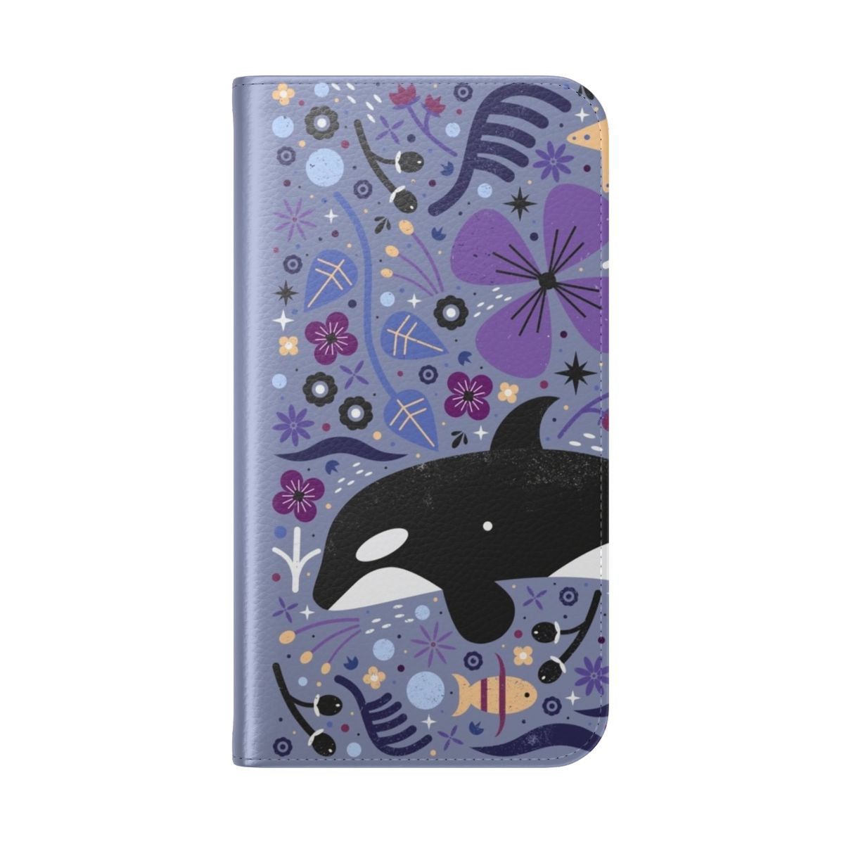 Image of a blue and white flip cover phone case featuring a vibrant, nature-inspired pattern with whales, seaweed, and coral. - Folded Back