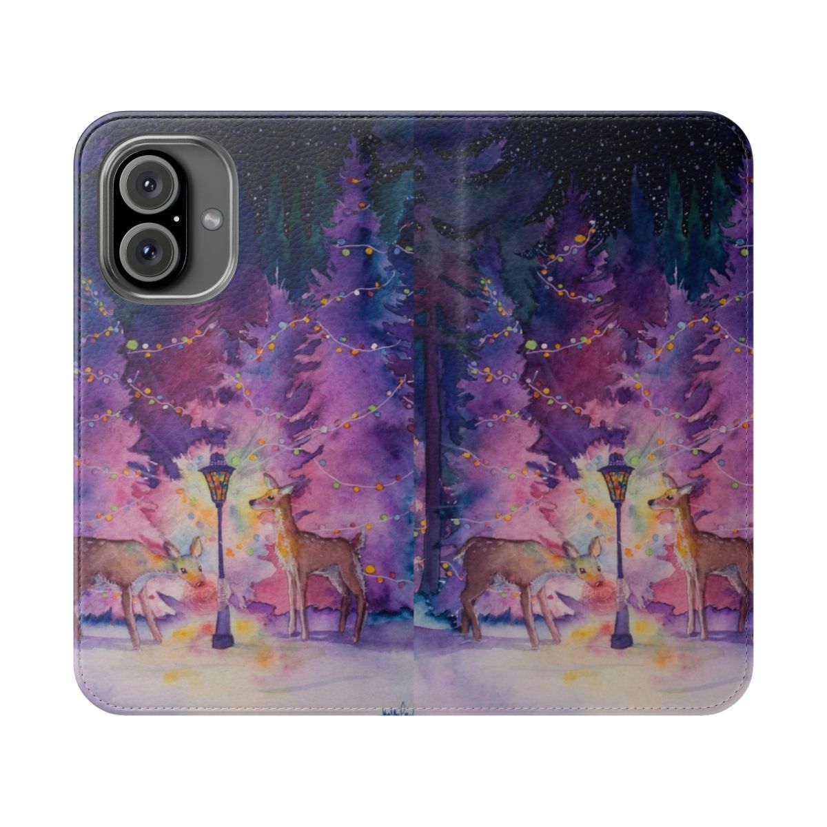 A vibrant and festive flip phone case featuring a dreamy forest scene with reindeer, lights, and snowy accents.