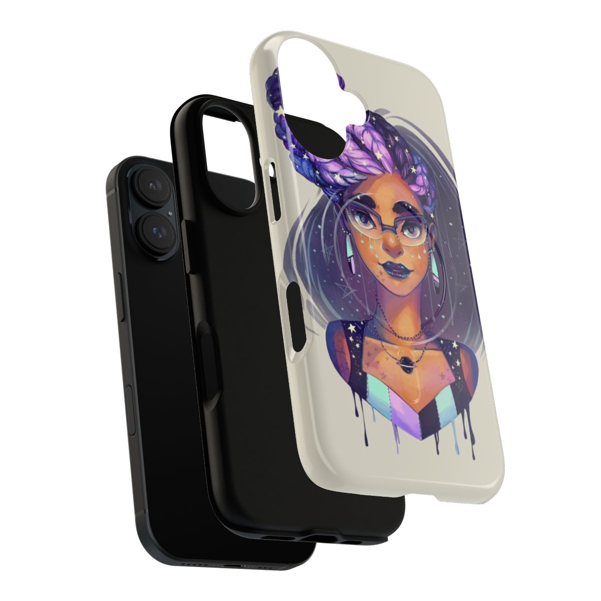 Cosmic-inspired phone case featuring a goddess braids pattern in shades of black, purple, and teal. - Layers