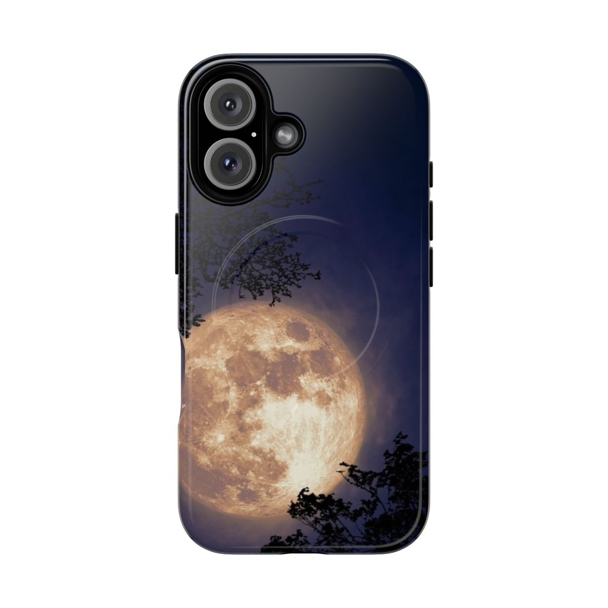 Magnetic tough phone case with a full moon, leaves, and a night sky background.