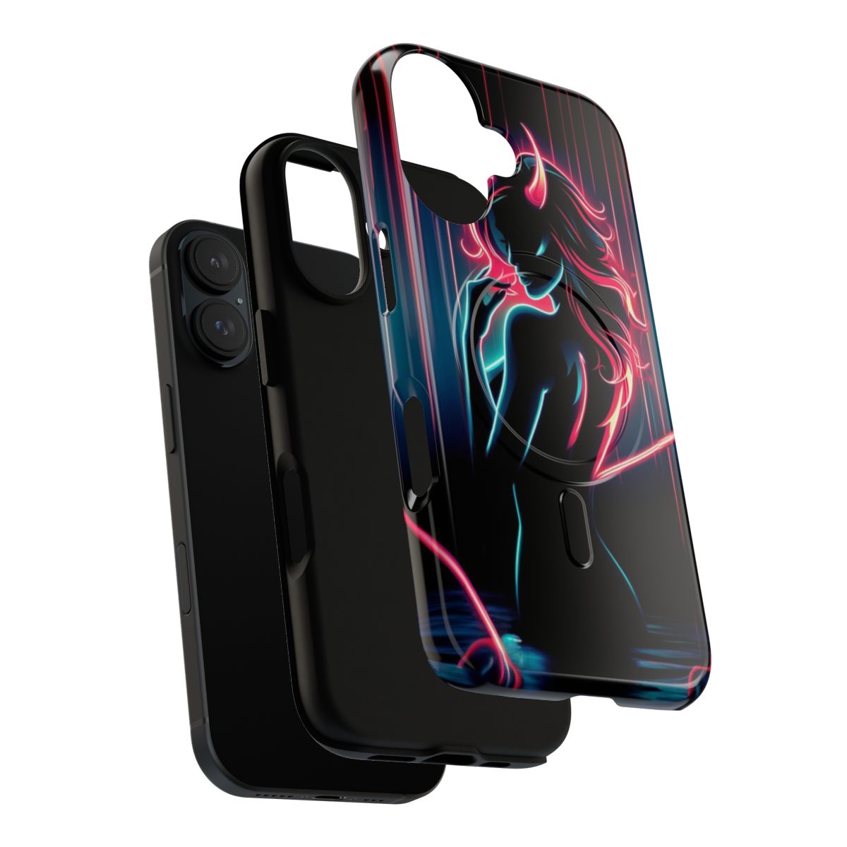 A haunting silhouette of a female demon or succubus, with horns and a dark, Gothic aesthetic, featured on a phone case. - Layers