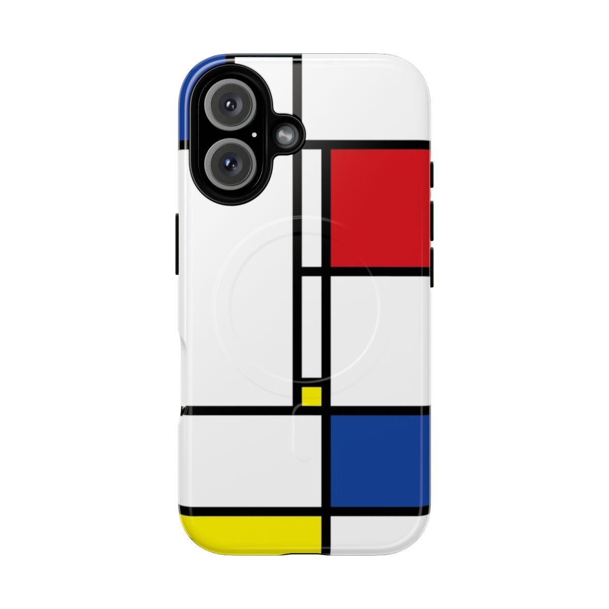 Colorful minimalist art phone case with abstract geometric design inspired by the De Stijl art movement.