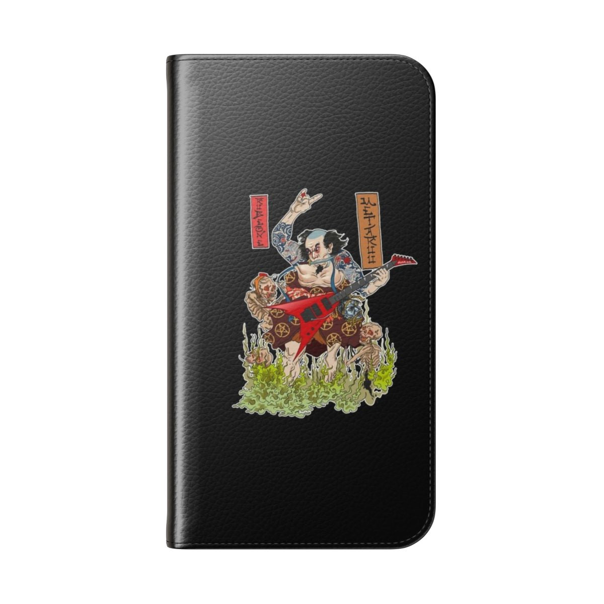 Flip cover phone case with a feudal samurai and heavy metal design - Folded Back