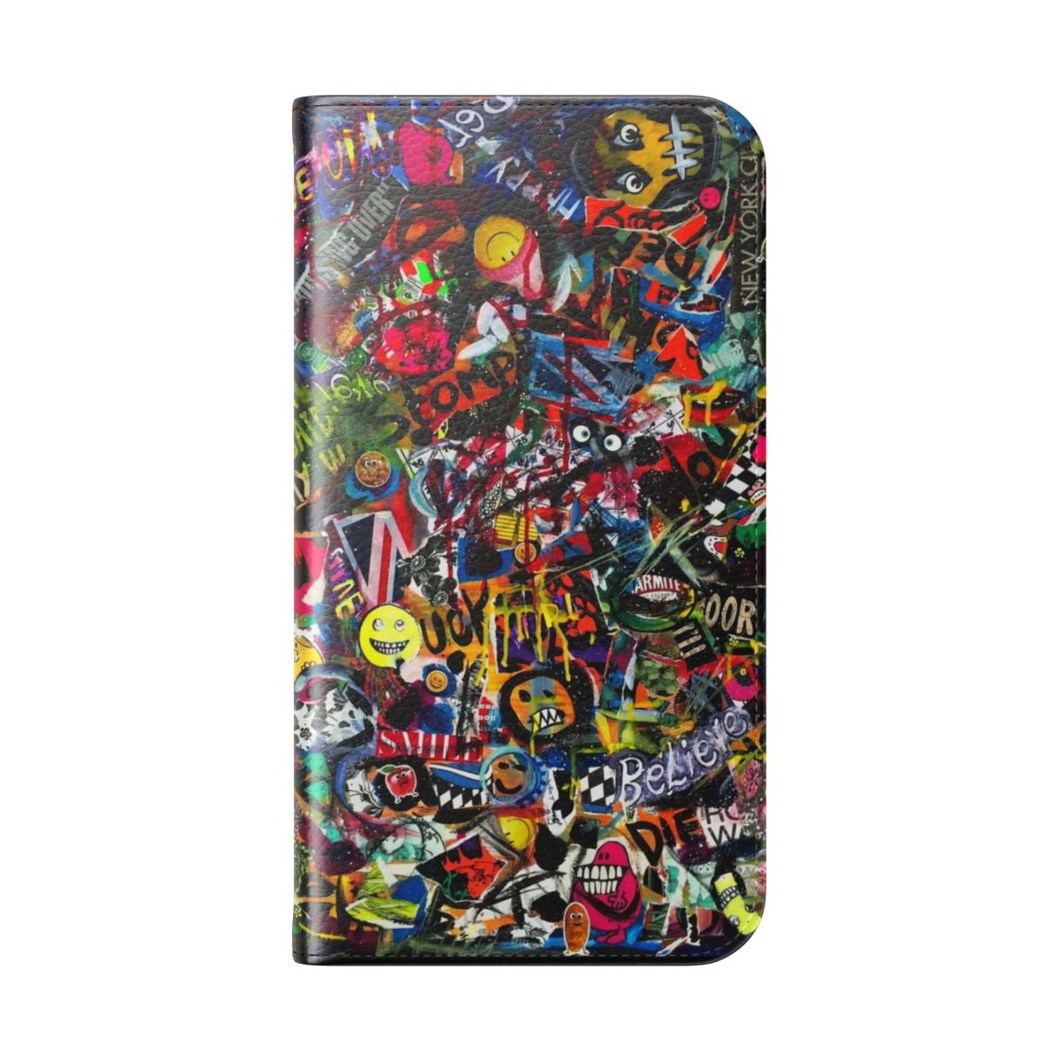 A collage-style phone case featuring a vibrant, graffiti-inspired design with mixed media elements. - Folded Back