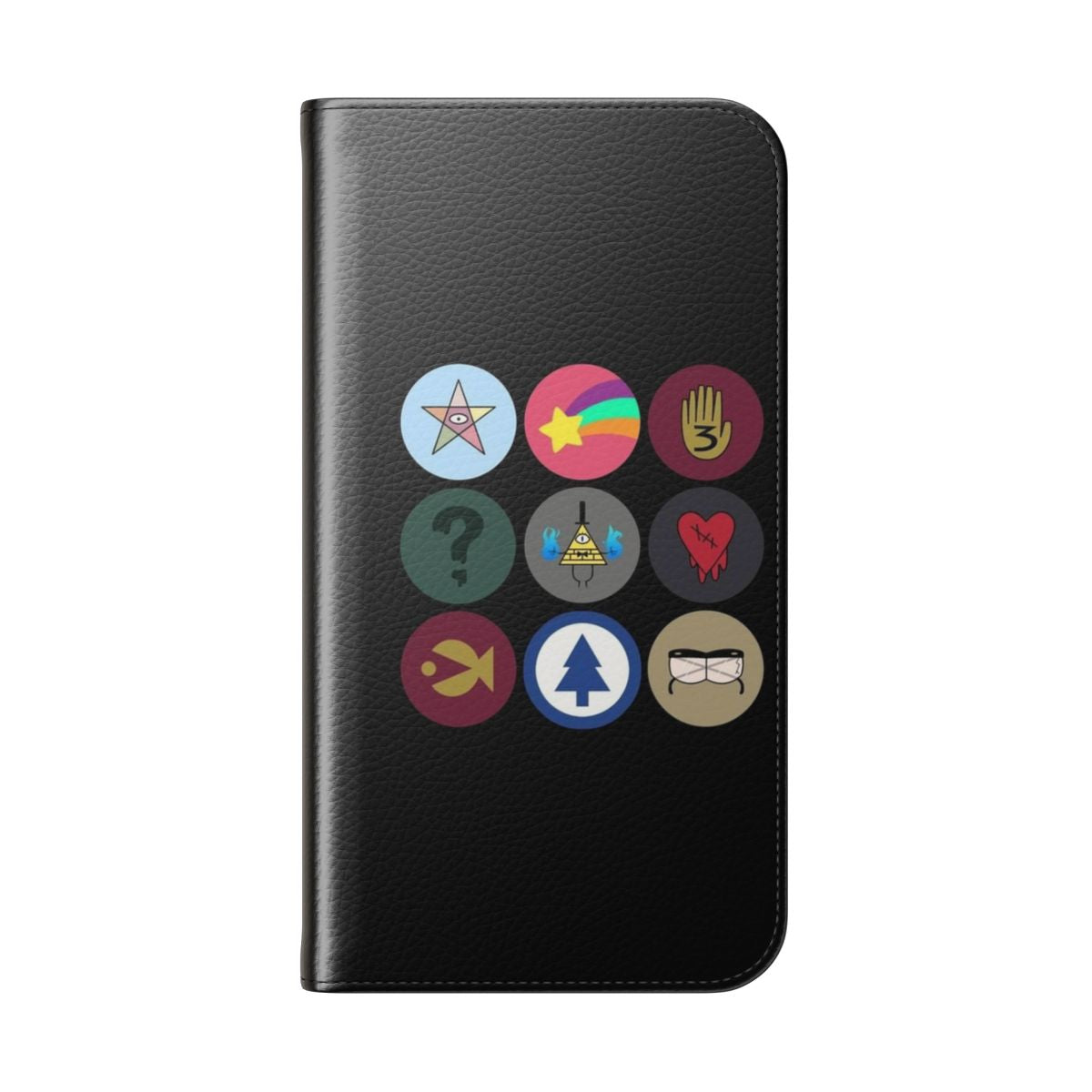 Gravity Falls-inspired flip phone case featuring the iconic cipher wheel design and beloved characters - Folded Back