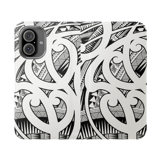 Vibrant Maori-style pattern on a flip phone case cover