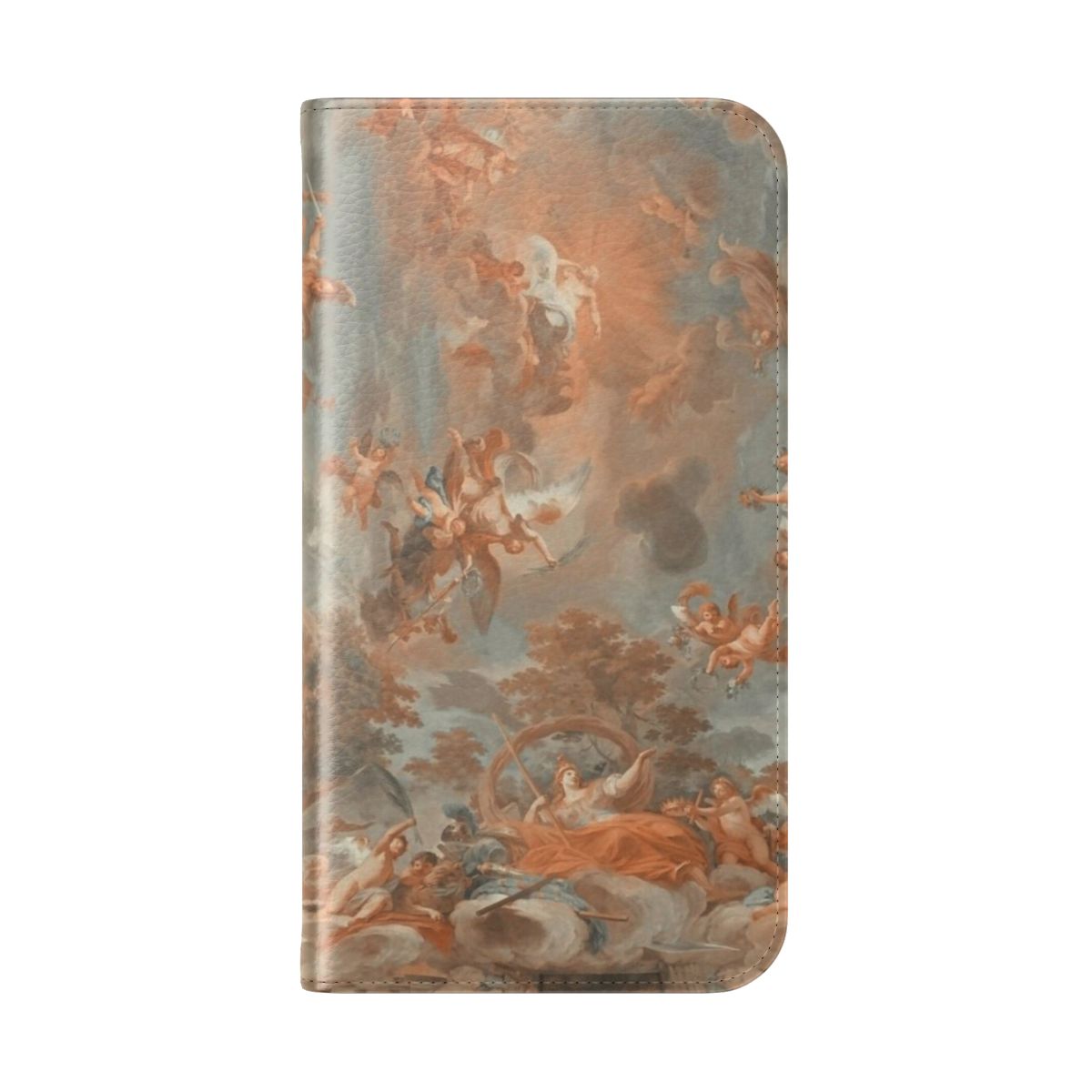 Flip phone case featuring a renaissance-style painting of angelic cherubs - Folded Back