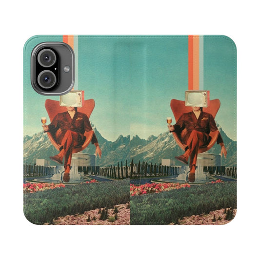 A retro-inspired surreal collage phone case cover featuring a man, TV, and mountain landscape.