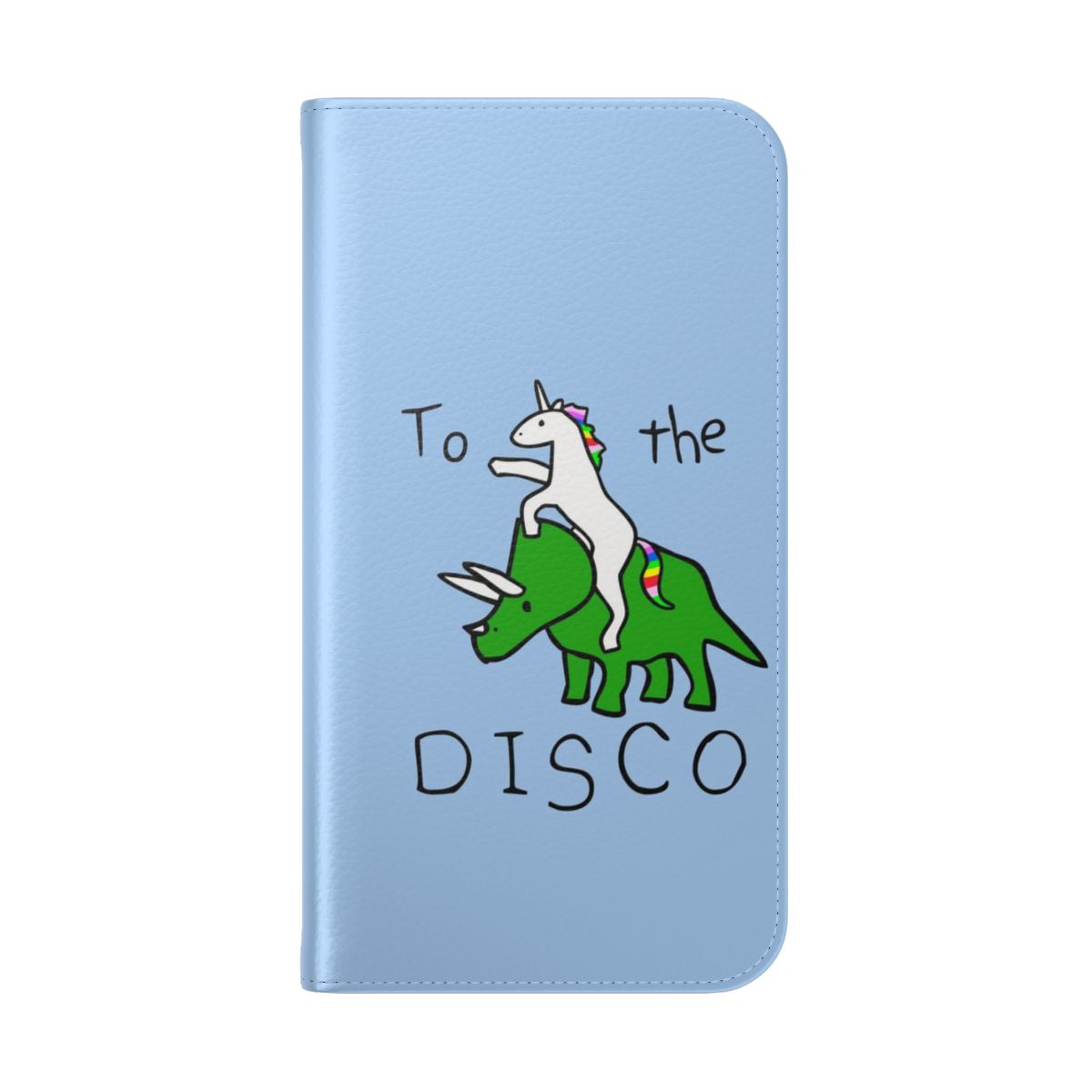 Colorful phone case featuring a unicorn riding a triceratops in a disco-themed design. - Folded Back