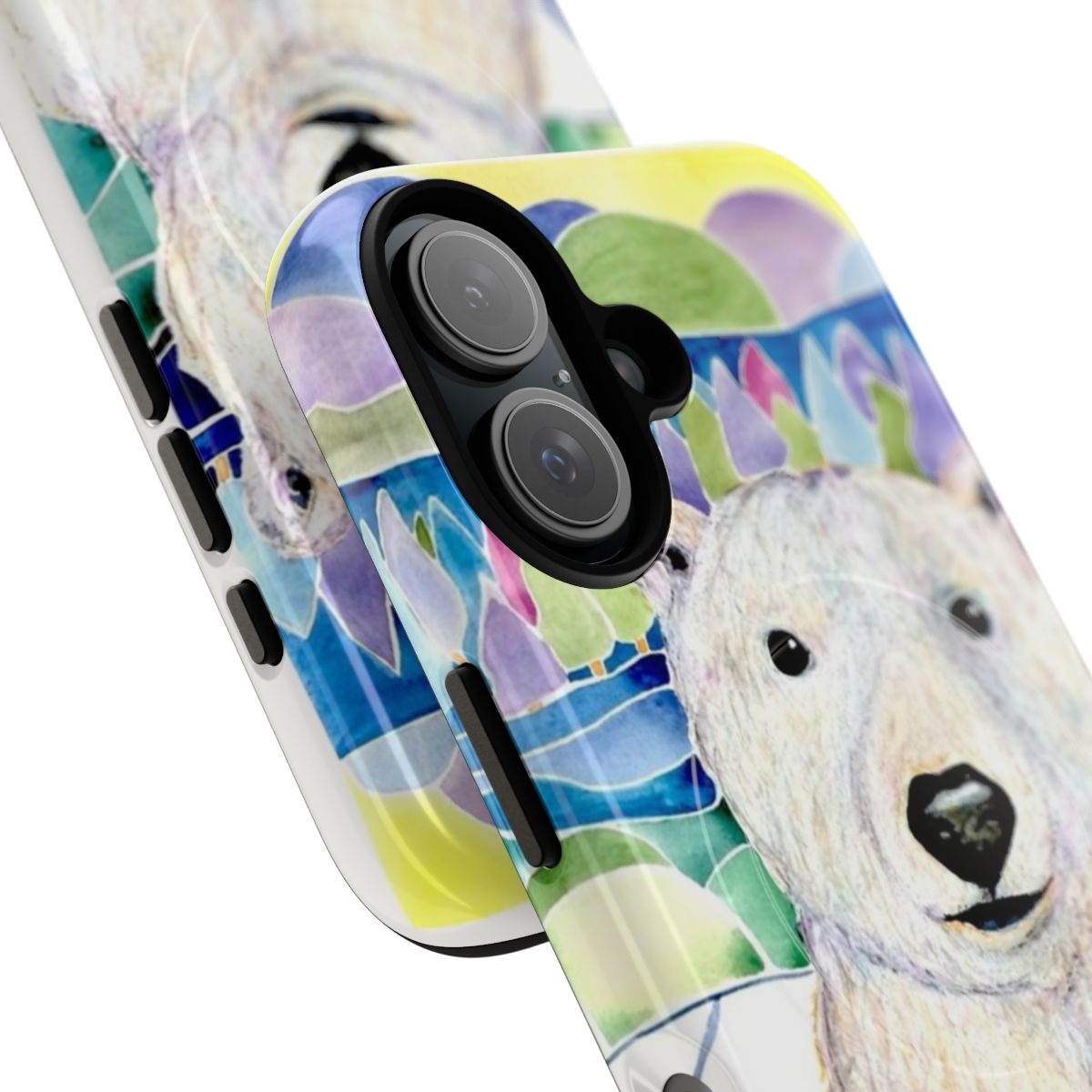 Colorful, textured phone case featuring a detailed illustration of a polar bear in the Arctic tundra - Detail