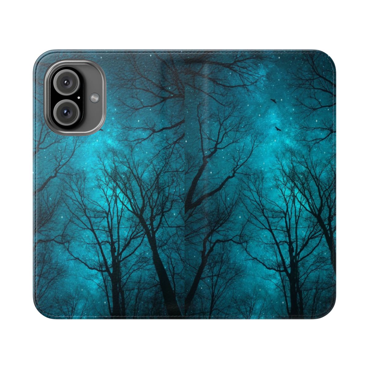 Mint teal and galaxy-inspired abstract design phone case with silhouetted trees