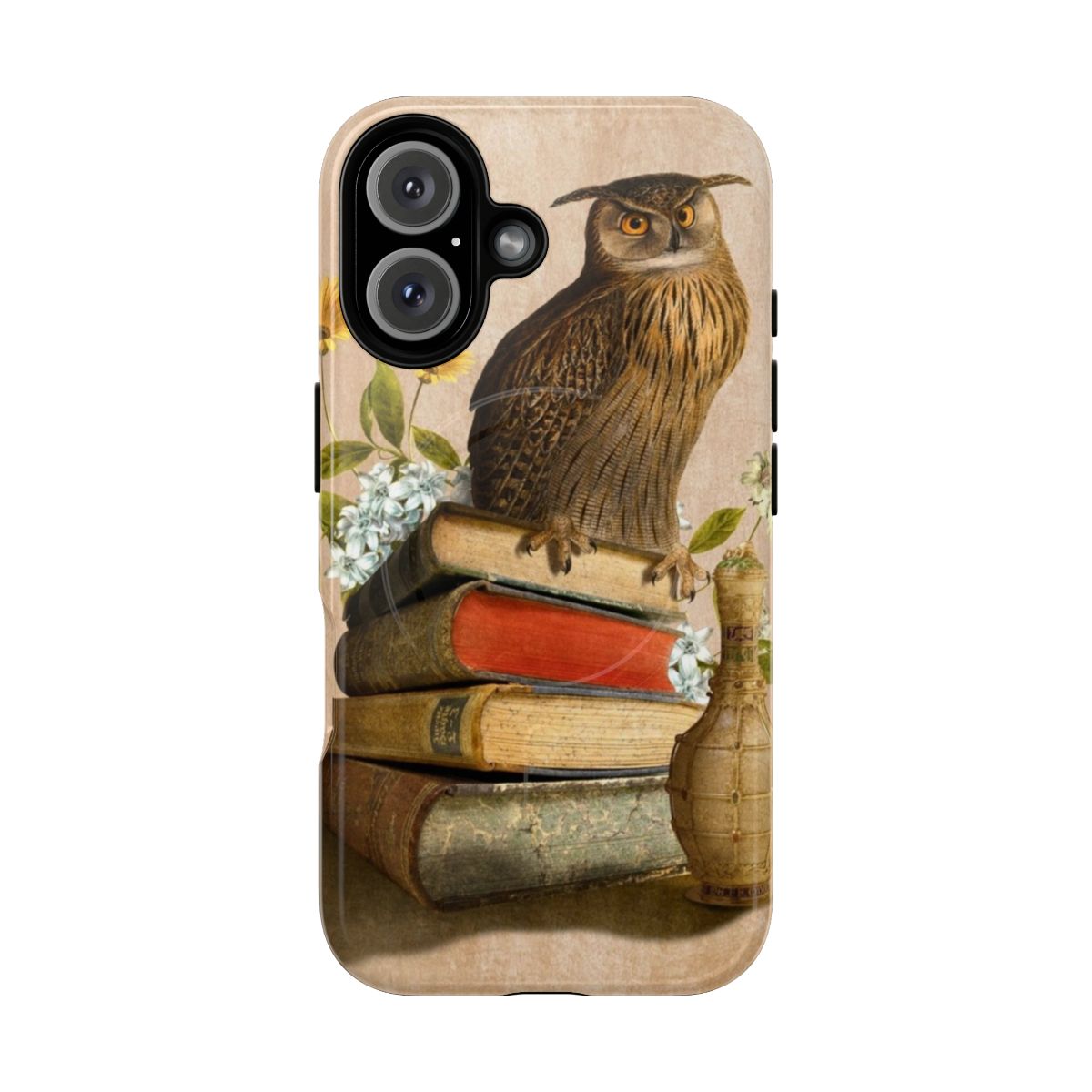 Artistic magnetic owl phone case with a fantasy, collage-like design