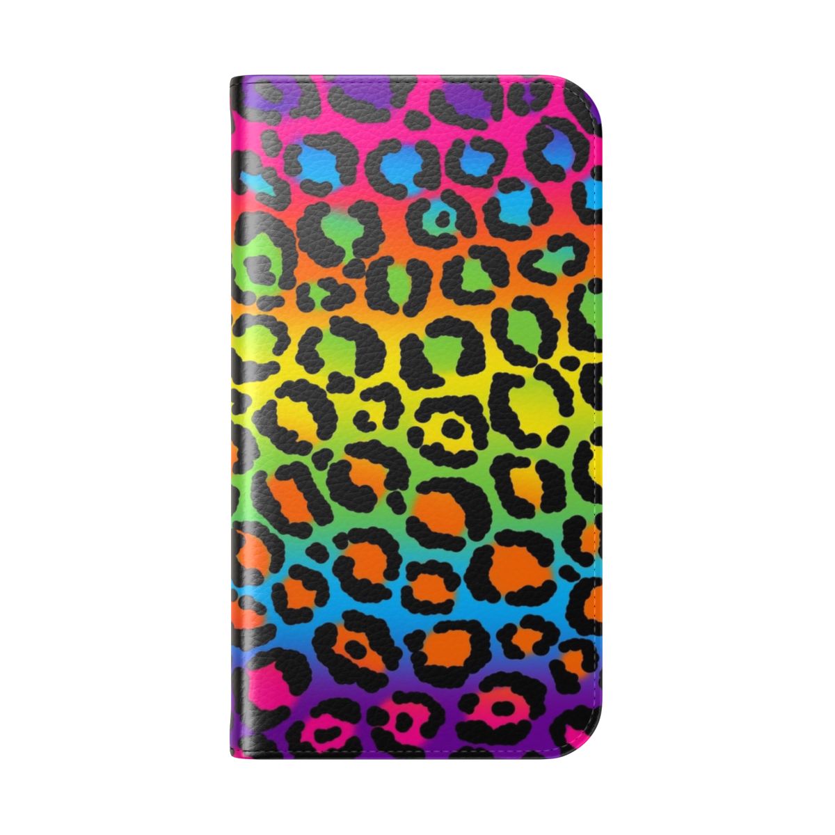 Vibrant 90s-inspired leopard print and rainbow flip phone case - Folded Back