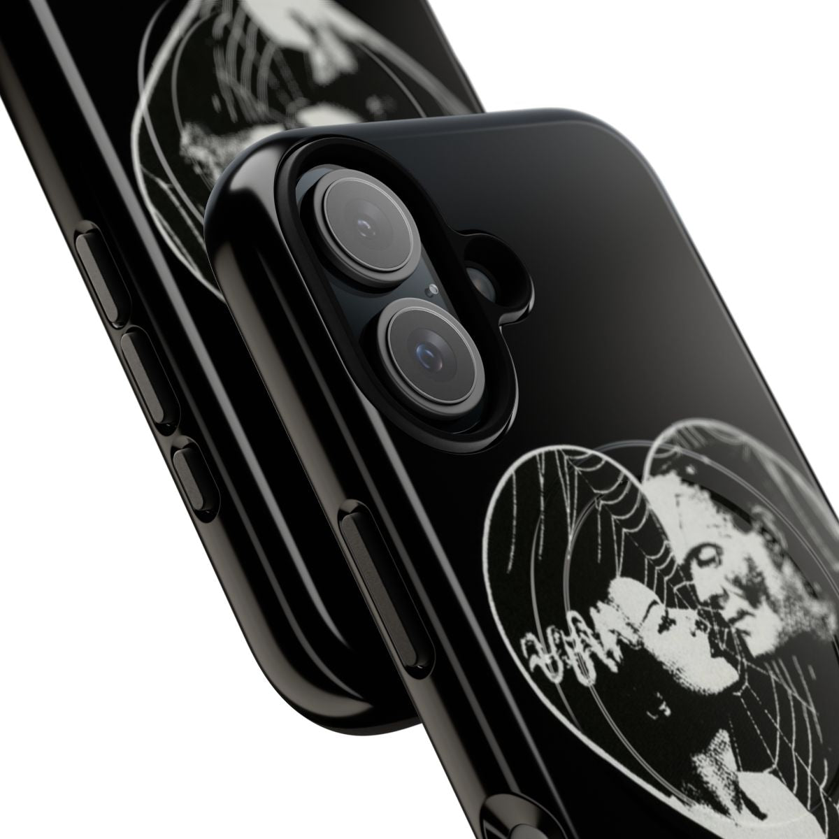 A black and white phone case featuring Frankenstein and his bride, with a heart and spider web design. - Detail