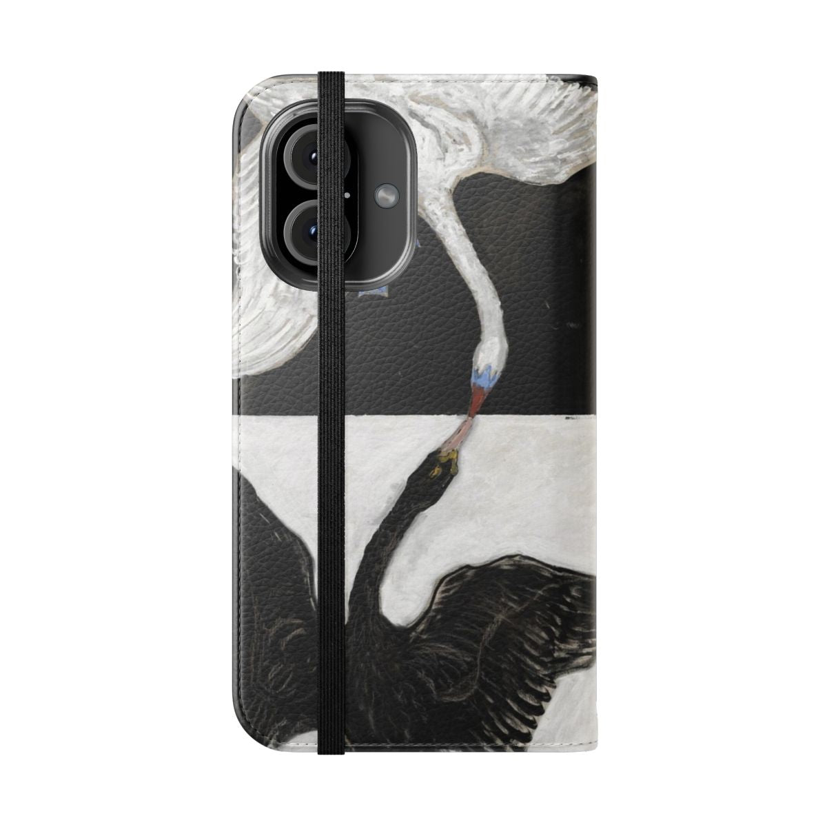 Flip cover phone case featuring the painting "The Swan" by Hilma af Klint, with a monochromatic bird design in a modern, minimalist style. - Folded Front