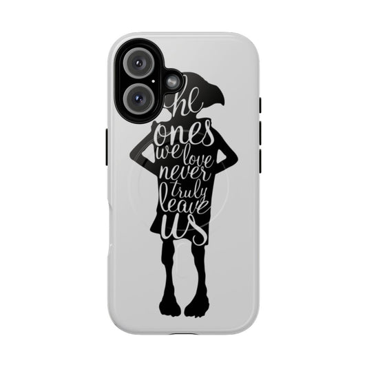 Magnetic tough phone case featuring a silhouette of the character Dobby from Harry Potter with a quote about love.