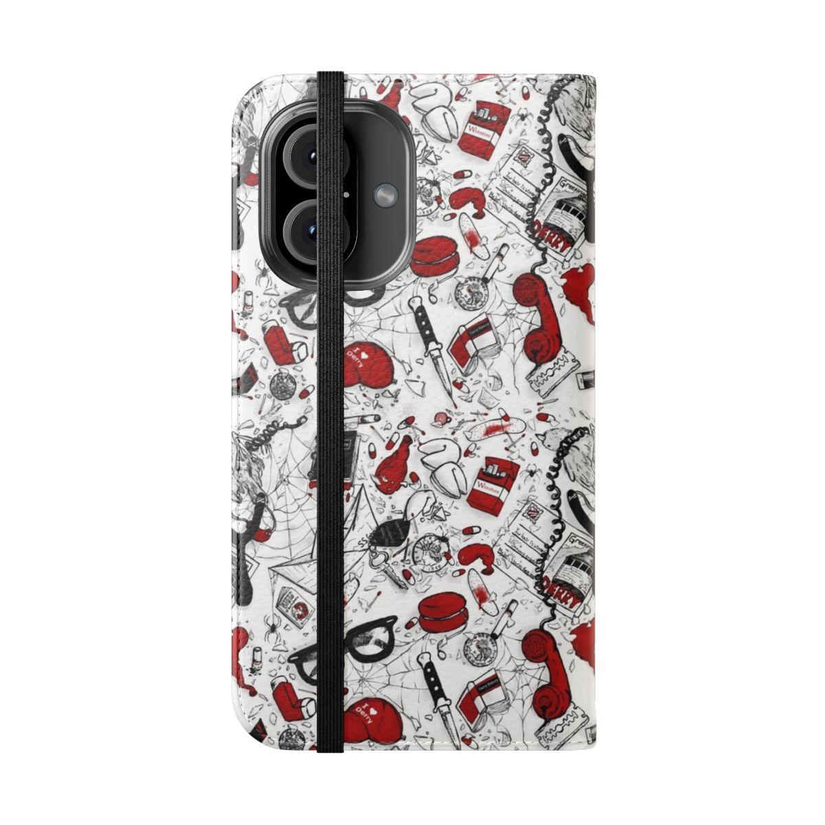 Stylish flip cover phone case featuring a repeating pattern design inspired by Stephen King's IT novels and movies. - Folded Front