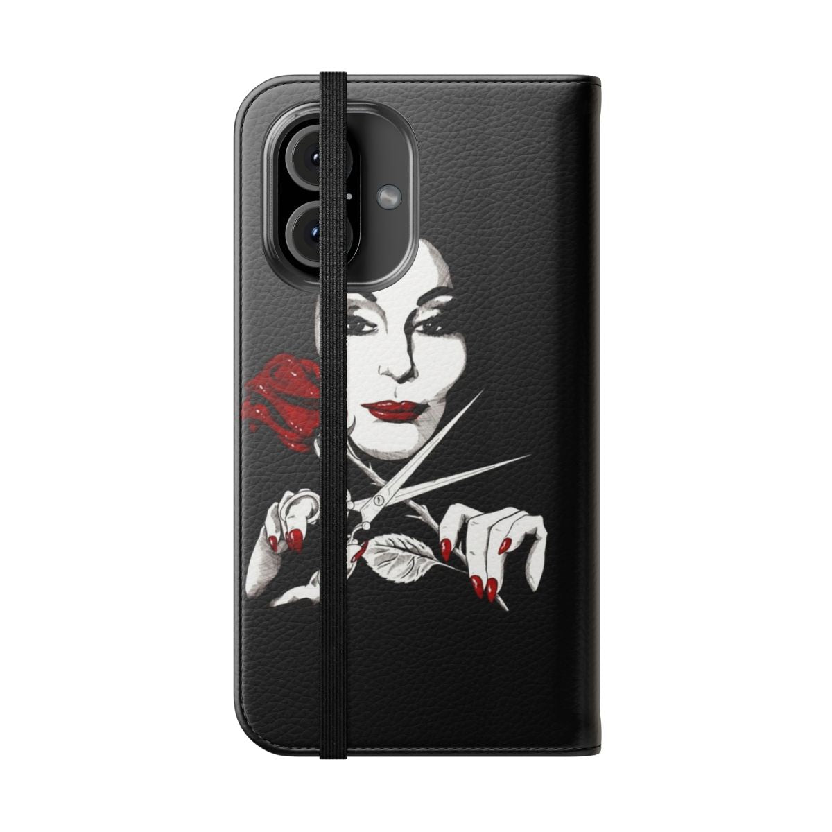 Addams Family inspired flip cover phone case with gothic, dark, and macabre design elements. - Folded Front