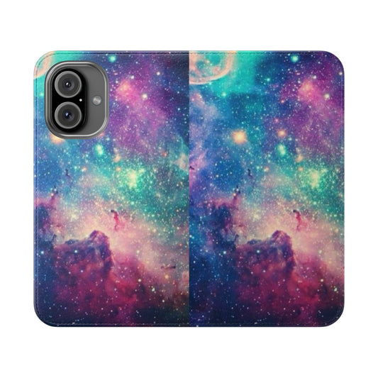 A vibrant and eye-catching flip phone case featuring a stunning galaxy-inspired design.