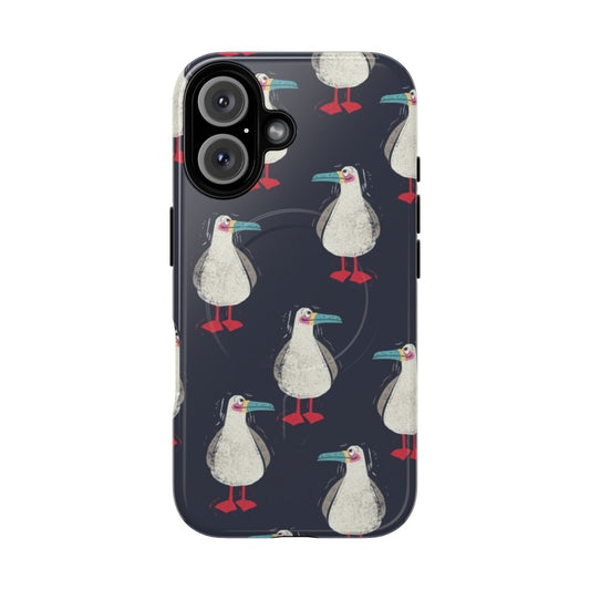 Closeup of a seagull phone case with a linoprint-style design