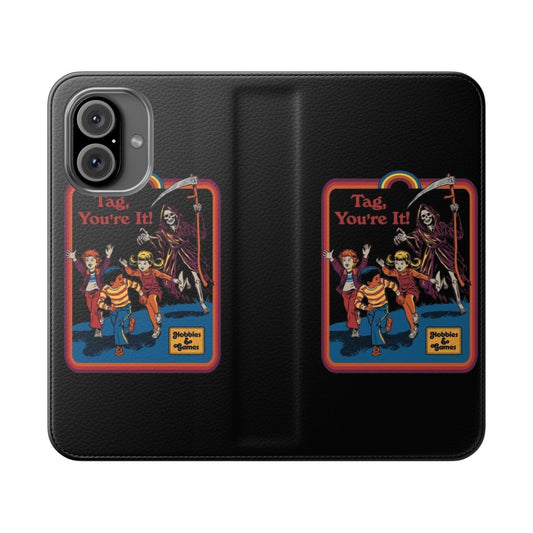 Retro-style flip phone case with a grim reaper and "Tag, You're It" design