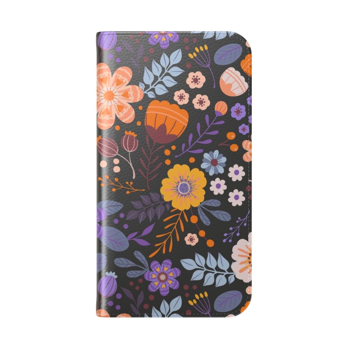 A phone case with a beautiful floral and botanical surface pattern design in navy blue and yellow. - Folded Back