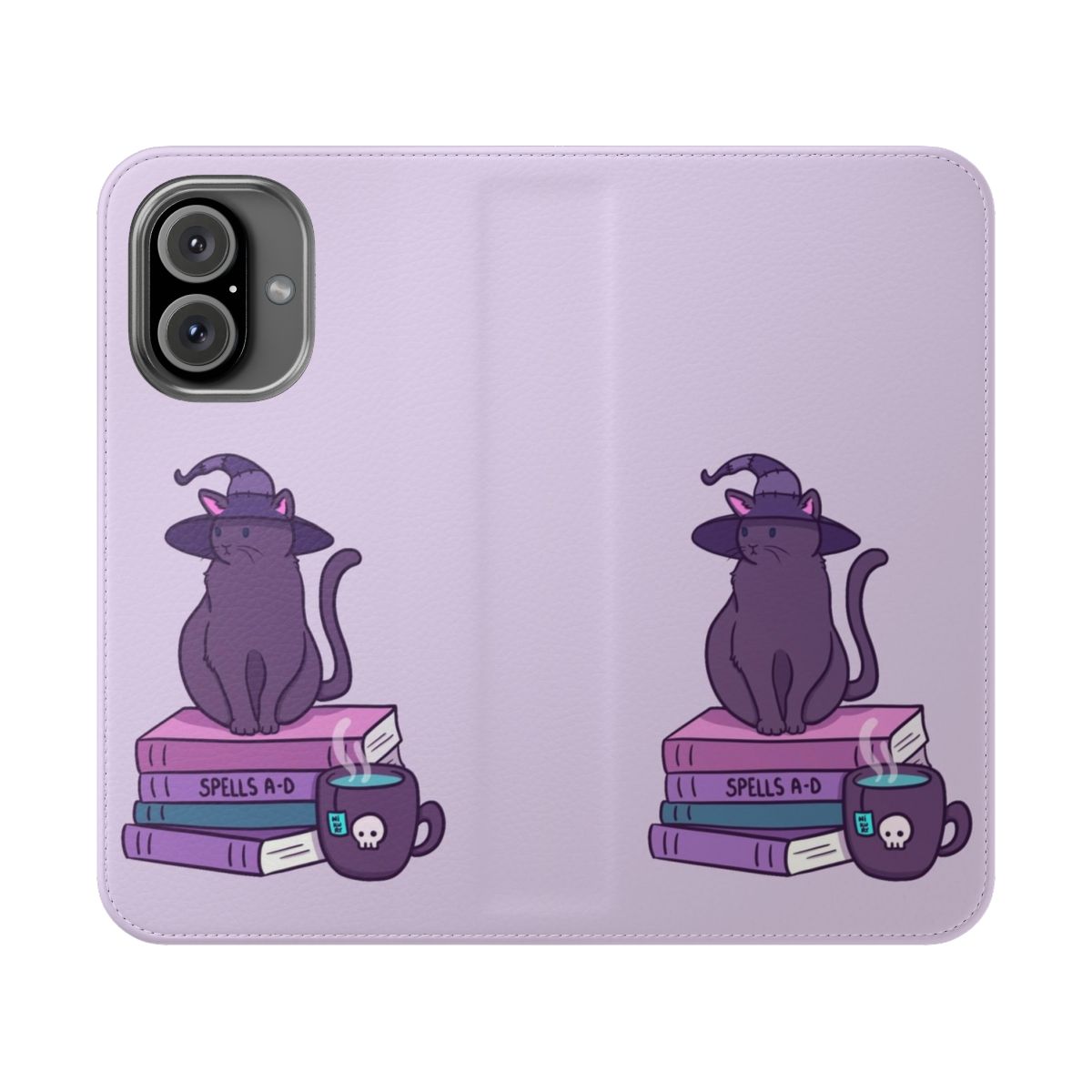 Pastel purple flip phone case with cat and witchy design