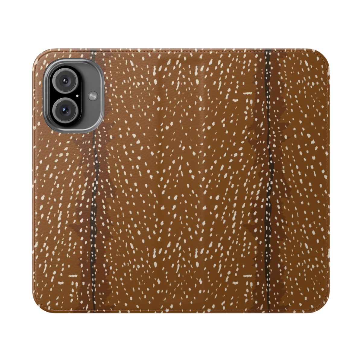 Closeup photo of a cute baby deer or fawn with spotted fur pattern, used as a design for a protective flip cover phone case