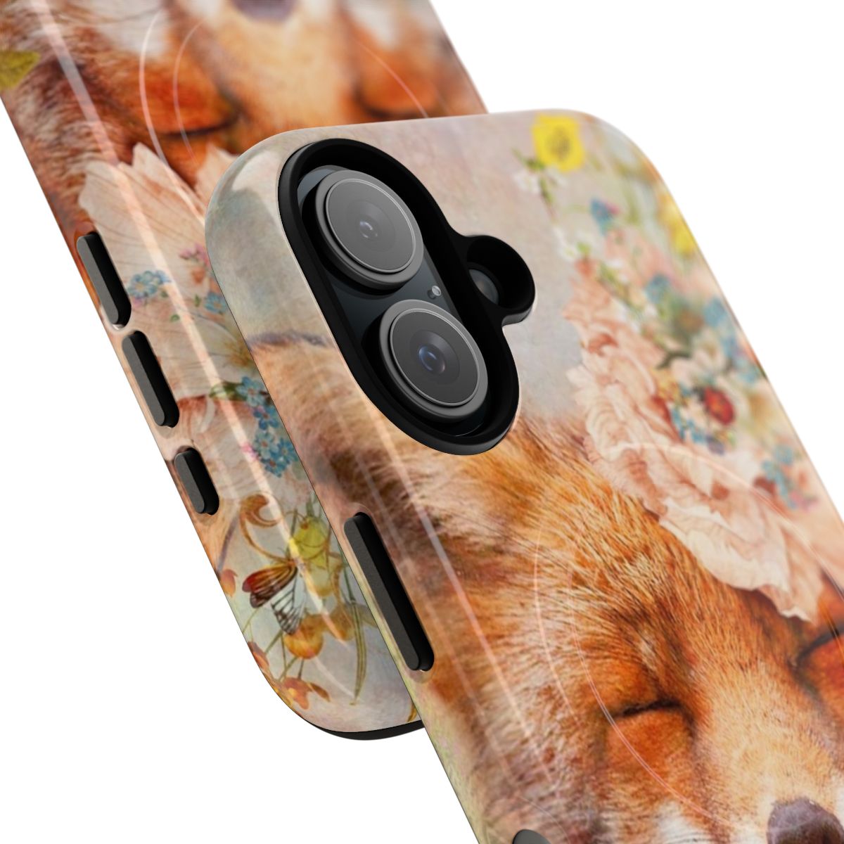 Cute happy fox surrounded by flowers on a tough, magnetic phone case. - Detail