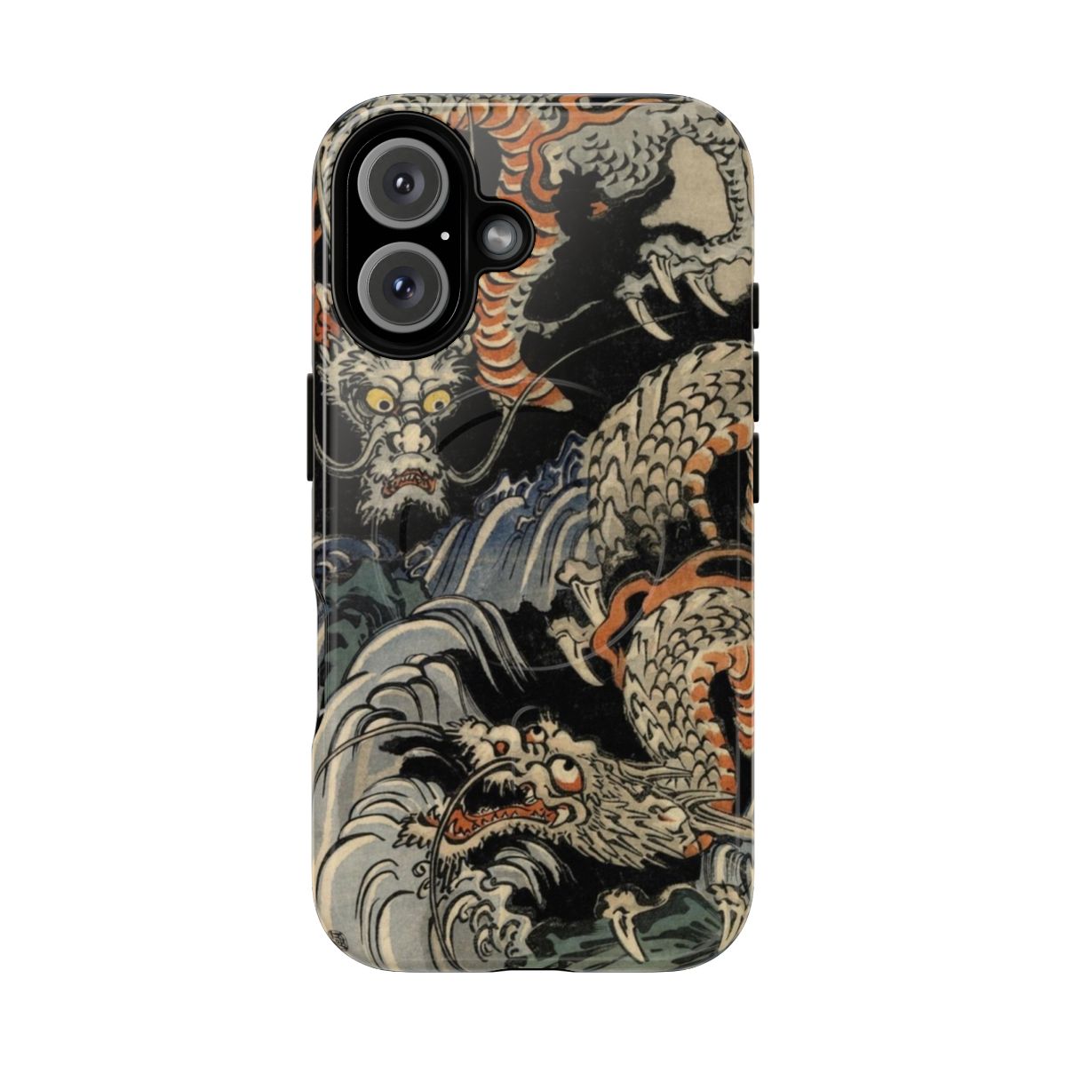 A tough phone case featuring a dramatic dragon design inspired by the famous Japanese woodblock artist Utagawa Kuniyoshi.